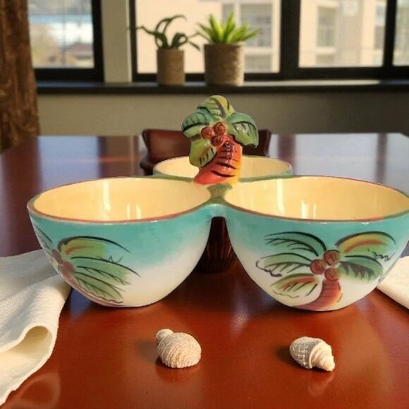Clay Art Palm Tree 3 Part Condiment Server w/Center Handle - Picture 1 of 5